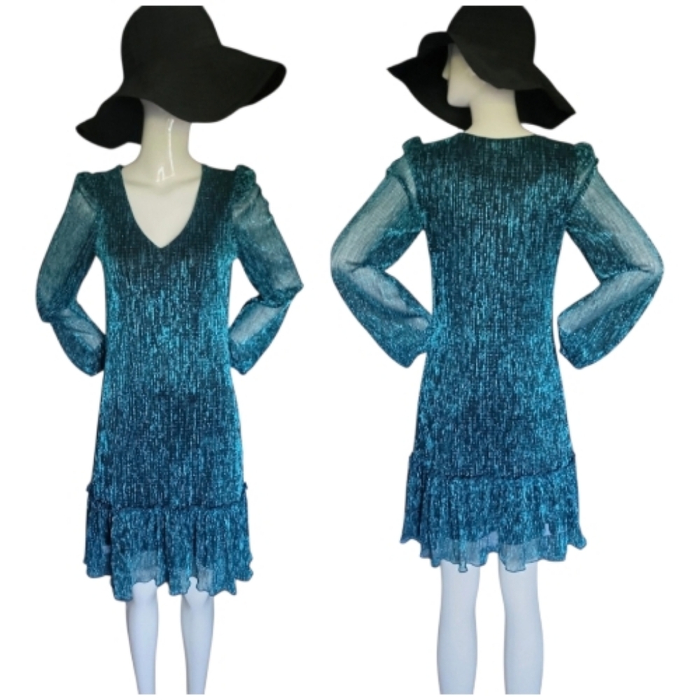 Kensie Women's Shimmering V-Neck Mini Dress w Baloon Sleeves, blue/silver,2